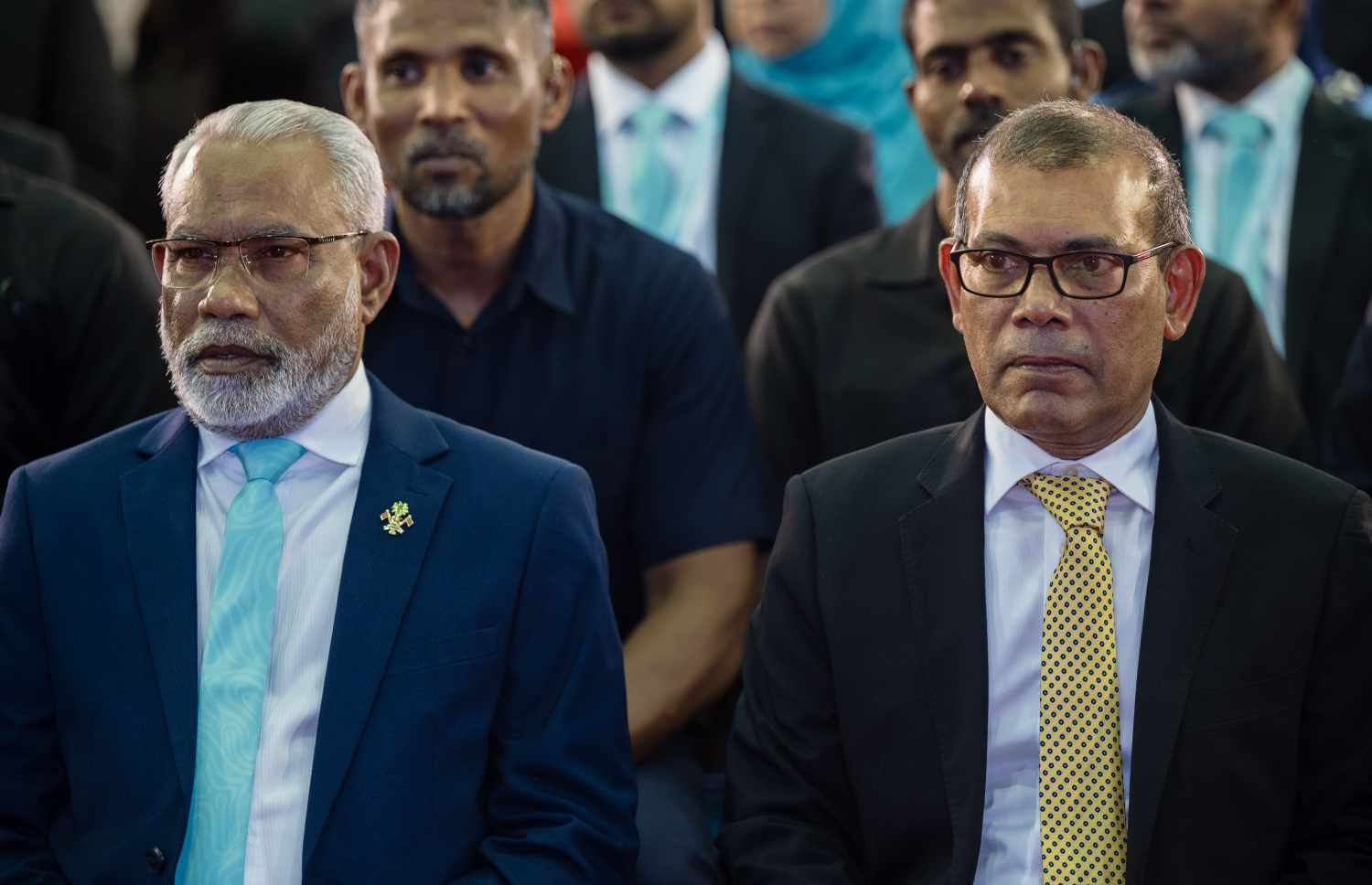 ސަރުކާރު ހިންގާ ޕާޓީ، ޕީއެންސީގެ ކޮންގްރެސް ފެށުމުގެ ރަސްމިއްޔާތުގައި މަޖިލިސް ރައީސް އަބްދުއްރަހީމް އަބްދުﷲ އަދި އެމްޑީޕީގެ ޗެއާޕާސަން ކުރީގެ ރައީސް މުހައްމަދު ނަޝީދު ބައިވެރިވެ ވަޑައިގަންނަވަނީ -- ފޮޓޯ: ފަޔާޒު މޫސާ | މިހާރު