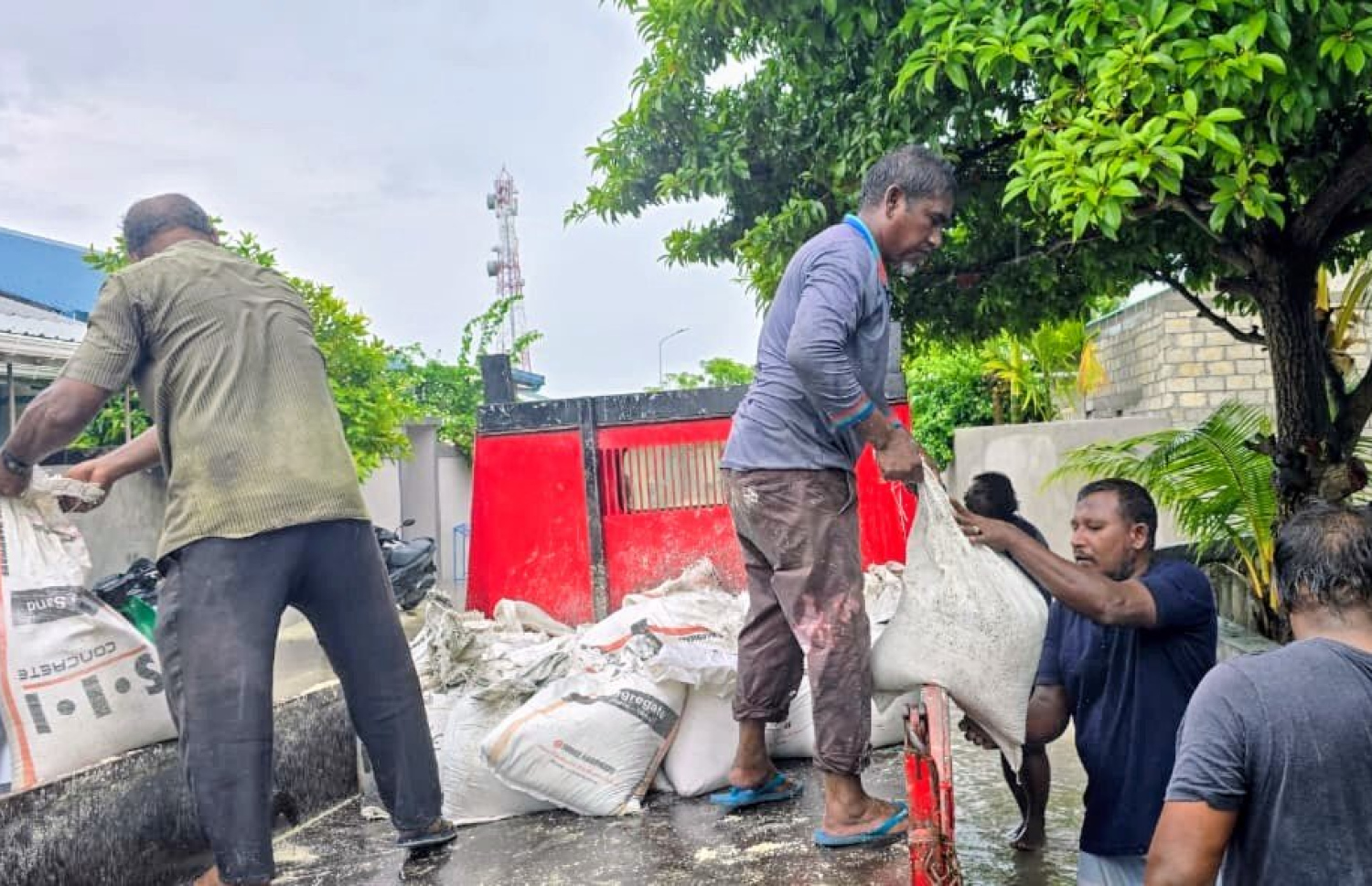 ރ. އިނގުރައިދޫގައި ފެންބޮޑުވި ގެ ތަނުގައި ބެލި ބަސްތާ ޖެހުމުގެ މަސައްކަތް ކުރަނީ-- ފޮޓޯ: އެންޑީއެމްއޭ