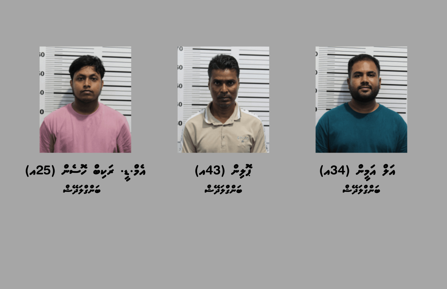މާލެ ތެރެއަށް ބަނގުރާ ސަޕްލައިކޮށްދޭ ކަމުގެ ތުހުމަތުގައި މިދިޔަ ހޯމަ ދުވަހު ހައްޔަރުކުރި ތިން ބިދޭސީން.-- ފޮޓޯ: ޕޮލިސް