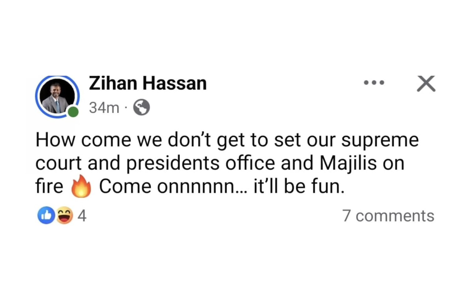 ޒިހާން، ފޭސްބުކްގައި ޖެހި ސްޓޭޓަސް.