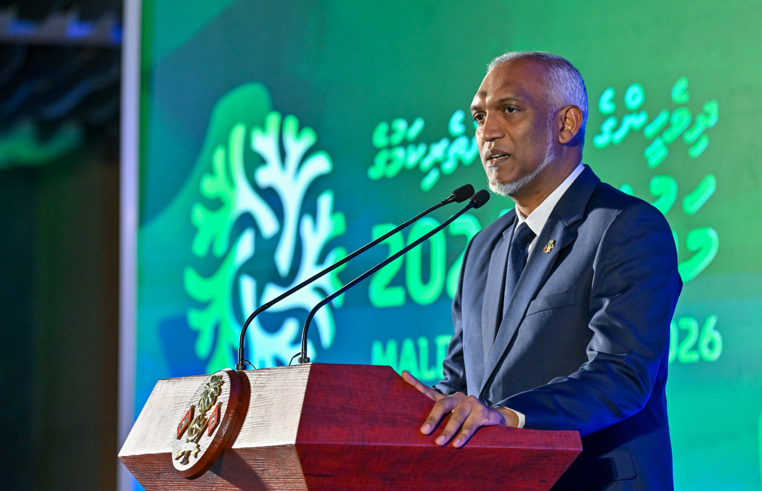 މޯލްޑިވްސް އެކްސްޕޯ 2026 ގެ އިނާމު ދިނުމުގެ ޖަލްސާގައި ރައީސް ޑރ. މުހައްމަދު މުއިއްޒު ވާހަކަފުޅު ދައްކަވަނީ-- ފޮޓޯ: ރައީސް އޮފީސް